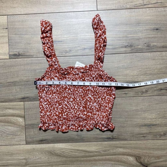 Ultra Flirt Womens Juniors Floral Smocked Cropped Tank Top Size M Brown White - Picture 2 of 7